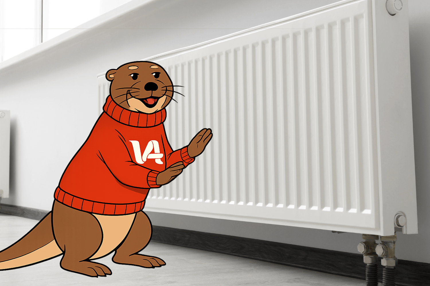 Kauko-Saukko lämpöpatterin vierellä.